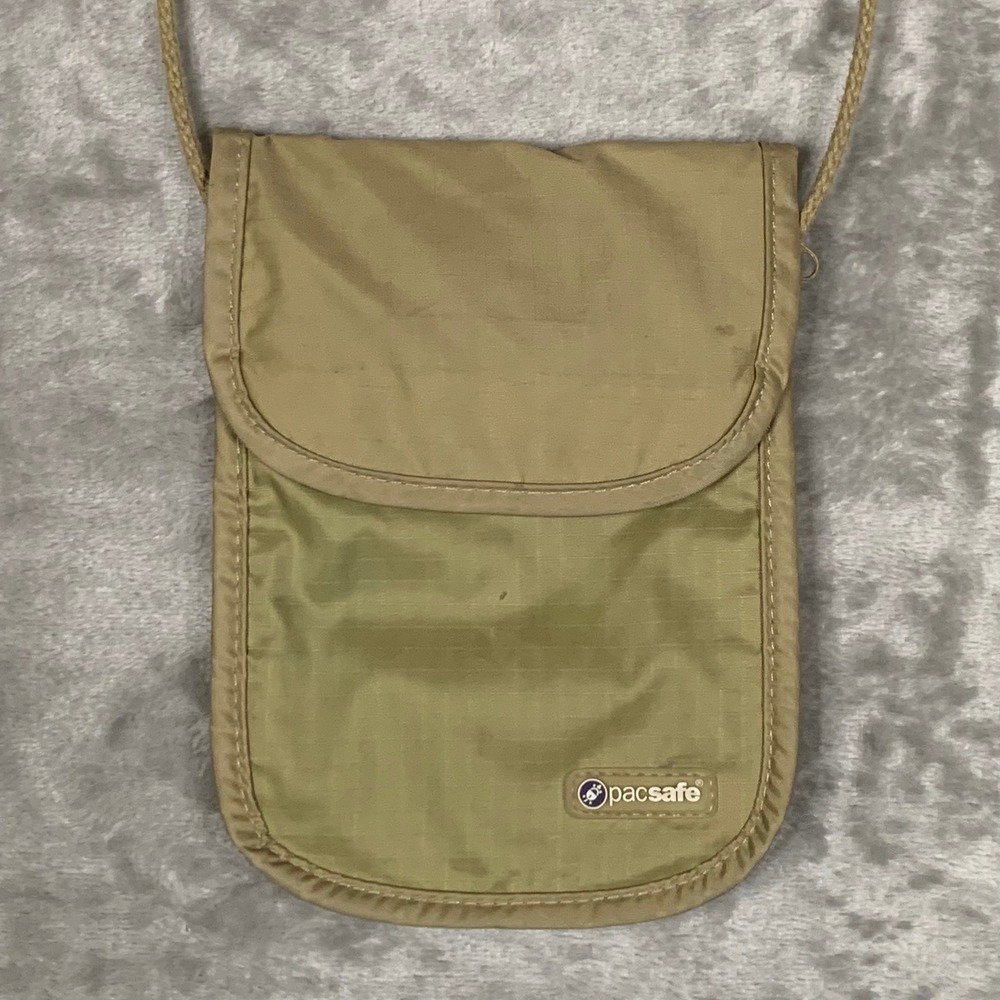 Pacsafe Pouchsafe Travel Neck Pouch Bag Ripstop Nylon eXomesh Security Khaki Tan